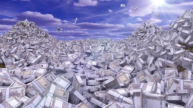 Stacks of indian rupee banknotes falling from the sky onto piles of cash.
