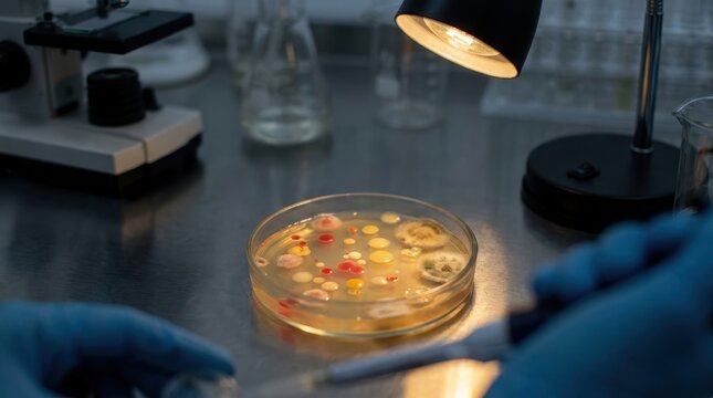 Illuminated petri dish showcasing diverse bacterial colonies in a scientific laboratory setting