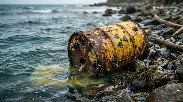 Rusty radiation barrel leaking toxic liquid into ocean water. Environmental pollution of seashore caused by hazardous waste. Industrial disaster and ecological catastrophe concept.