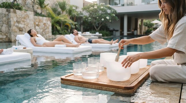 Crystal singing bowls sound healing therapy floating on resort pool with people relaxing on loungers