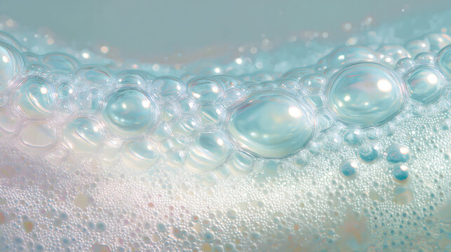 Blue cleansing foam texture with bubbles and water droplets macro background