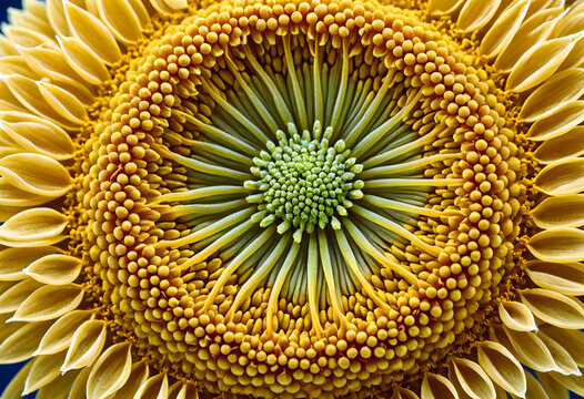 Sunflower heart showing fibonacci spiral pattern in macro