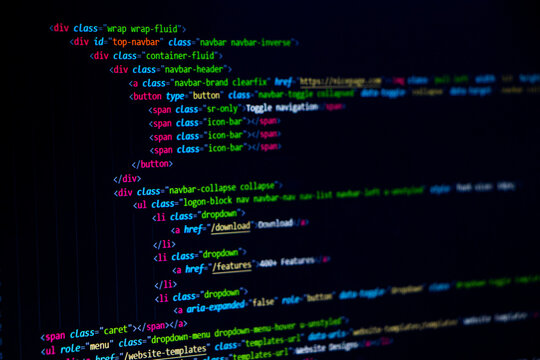 Screen of web developer with full of codes. Technology abstract background of coding screen for web design, software development, data analysis, data security concept.