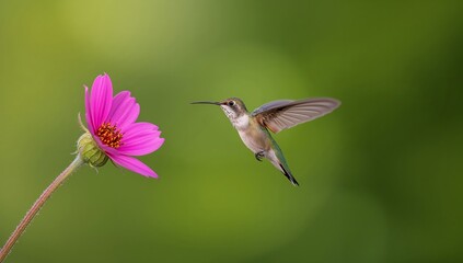 Fototapeta premium Hummingbird hovering near pink flower with green blurred background, showcasing vibrant colors and intricate details of nature in a garden setting