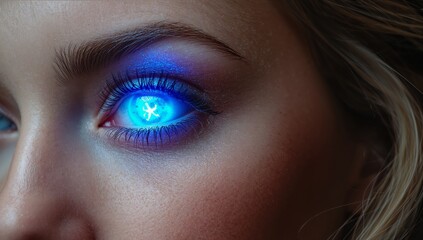Fototapeta premium Close-up of a female model's eye with a glowing blue light effect, showcasing intricate details of eyelashes and skin texture, emphasizing a futuristic aesthetic