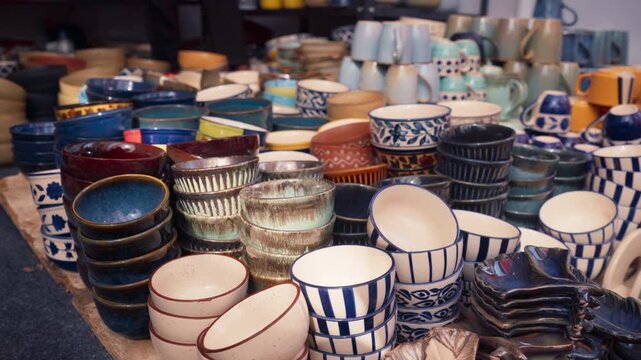 A vibrant collection of colorful ceramic bowls and stack of plates