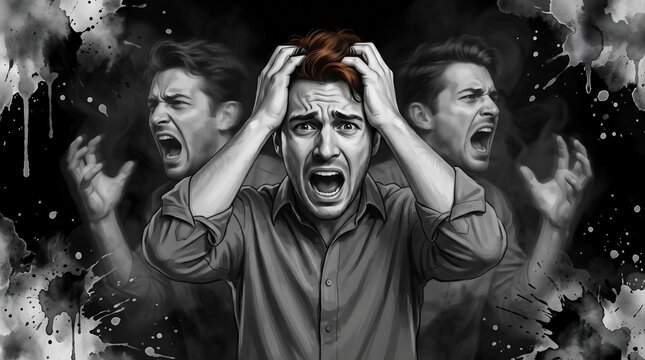 Angry Screaming Man Triple Exposure Rage Frustration Mental Health Illustration