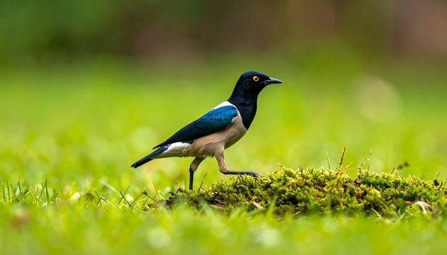 A vibrant bird with a black head, blue wings, and white underbelly walks on green grass