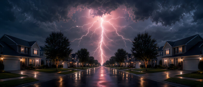 Cinematic thunderstorm scene with dramatic lightning above suburban houses and dark trees