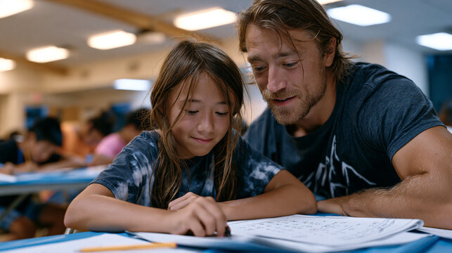 After school tutoring volunteer kneeling beside a middle schooler hunched over a math worksheet at a folding table inside a church fellowship hall with fluorescent overhead lighting and a row of oth