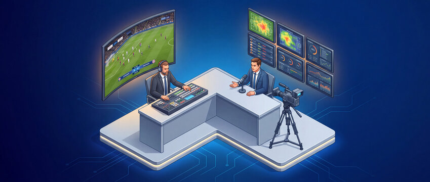 Isometric sports broadcasting studio d with commentators analyzing a live football match on screens, featuring professional video equipment and a blue background for media production