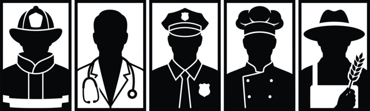 Essential Workers Collage Illustration Black Line