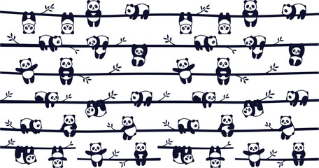 Cute panda bears sitting and hanging on branches in a seamless pattern design on white background © Arobe