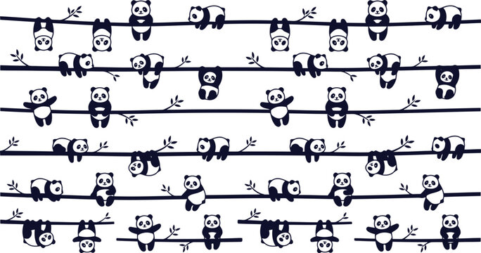 Cute panda bears sitting and hanging on branches in a seamless pattern design on white background