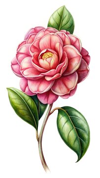 Pink camellia flower with green leaves - A beautifully illustrated pink camellia bloom with glossy green leaves, perfect for nature or floral designs.