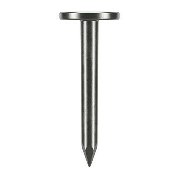 Stainless steel nail with sharp point and flat head against plain background.