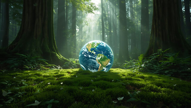 Planet Earth in lush green forest with sunbeams, nature conservation concept