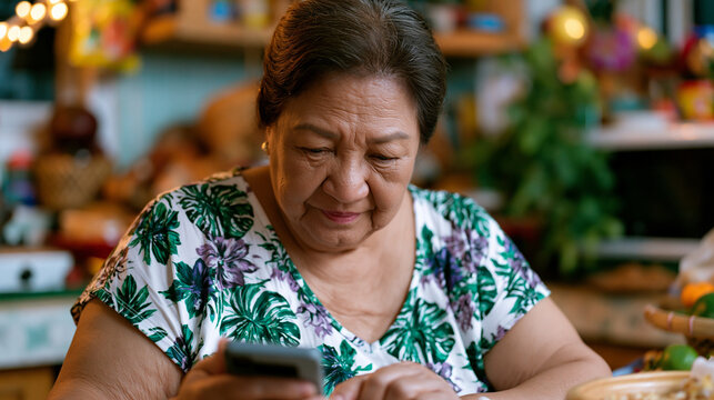Elderly Filipina grandmother receiving mobile remittance notification in kitchen, diaspora transfer, migrant worker family support, financial inclusion, cross-border corridor .ultra photorealism, ci