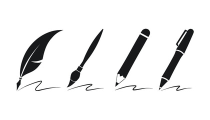 Black of a feather quill, paintbrush, graphite pencil, and ballpoint pen on white © fazlay907