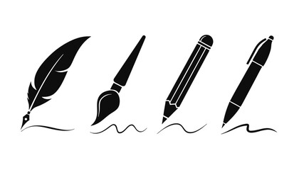 Black of a feather quill, paintbrush, graphite pencil, and ballpoint pen on white © fazlay907