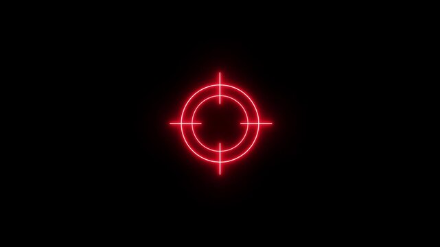 Glowing neon light target icon animation on black background with alpha channel. Animated of military training target icon. Crosshair, gun aim, sniper target concept.