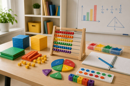 Math manipulatives and abacus arranged on a classroom desk