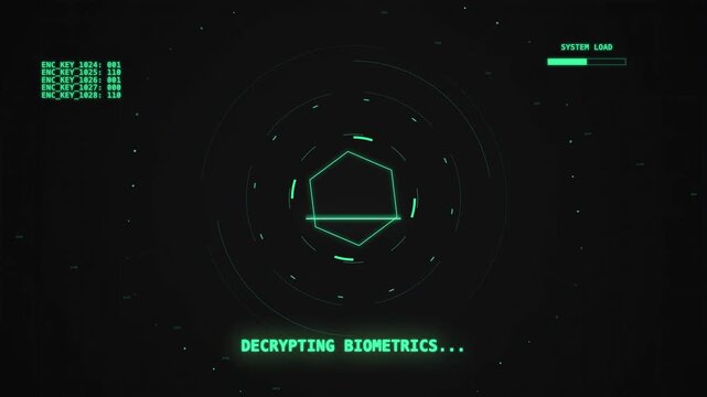 Cybersecurity operation dashboard interface displays data encryption scan progress biometric decryption verification security network access code integration technology green digital circle system hud