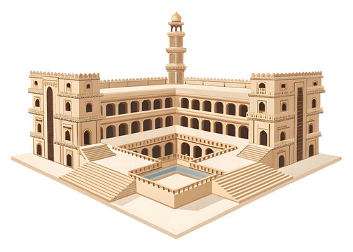 Modern minimal vector illustration of the Rani Ki Vav  isolated on white background  symmetrical stepwell architecture  flat vector design