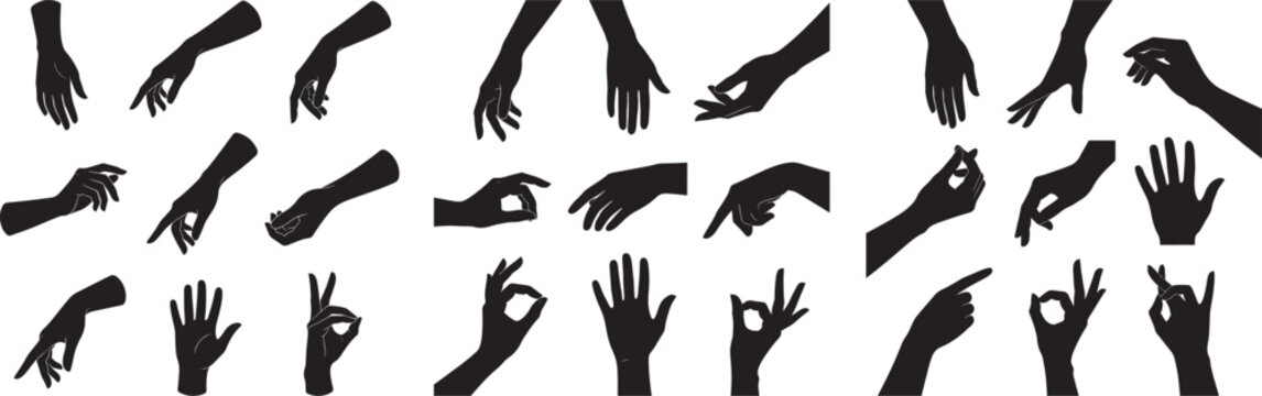 Collection of diverse hand gesture silhouettes representing communication and actions ideal for UI design and infographics
