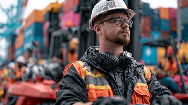 Port logistics manager repositioning forklift inventory as container backlog shifts market equilibrium at industrial terminal, supply shock, freight pricing, demand surge .ultra photorealism, cinema