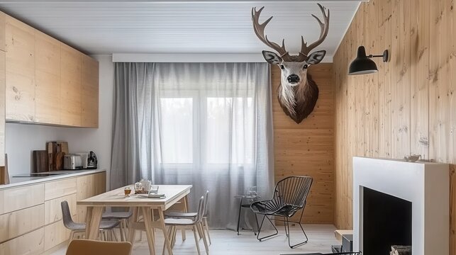 A modern rustic living and dining area with a deer head mount.