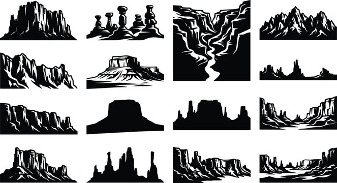 Desert Canyon and Rock Formation Silhouette Vector Collection with Mountains and Southwestern Landscapes