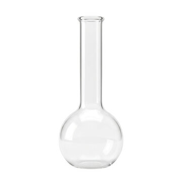Clear glass laboratory volumetric flask with narrow neck on white background.