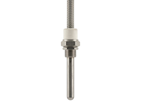 Stainless steel temperature probe with threaded base and protective cap.