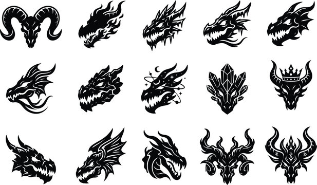Collection of 15 mythical creature silhouettes featuring dragons and rams