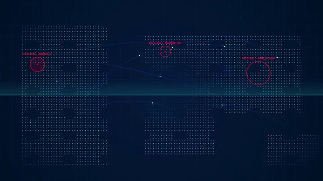 Digital cybersecurity operations center dashboard scanning global network map target. Futuristic intelligence identifying critical ddos malware breach attack vector for secure loop animation.