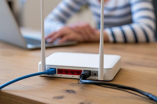 Close-up of a modern Wi-Fi router with cables connected on a wooden table.