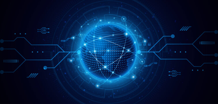 Global digital network connection with glowing blue globe and circuit board lines. High-tech futuristic communication, cloud computing, and big data transfer concept for internet infrastructure.