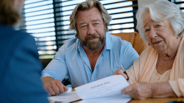 Adult son in business casual sits across from an estate planning attorney beside his elderly mother, a notarized will on the table between them, the older woman holding a pen and reading the final p