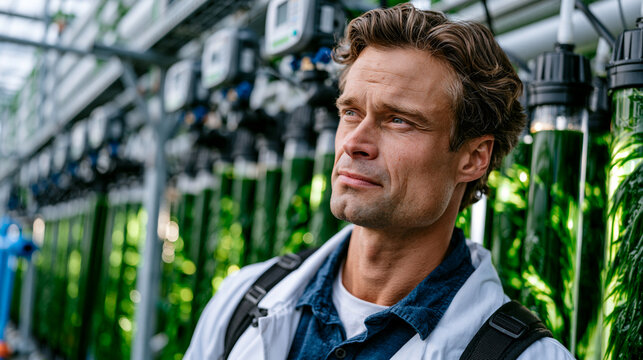 Algae biofuel genetic engineering scientist observes luminescent photobioreactor tubes filled with engineered microalgae culture in a pilot-scale industrial greenhouse facility, nutrient dosing pump