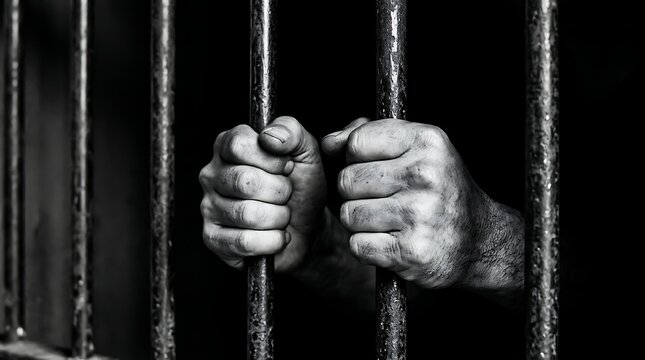 Closeup of a prisoners hands gripping the metal bars of a jail cell in black and white