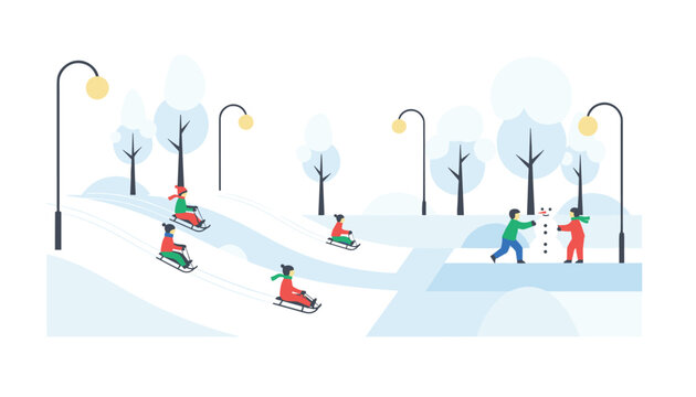 Whimsical winter park landscape with children sledding down a snowy hill and building a cute snowman together.