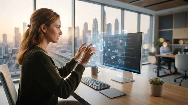 Professional woman analyzing complex digital data using a futuristic holographic interface in a modern high rise office at sunset with city views