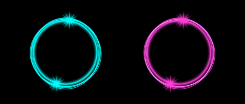Glowing neon light effect circles with starbursts on black background