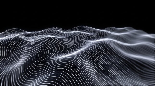 Abstract digital landscape with flowing white lines on a black background, representing data waves, technology, and futuristic network connections