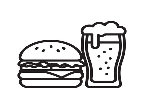 Burger and beer icon. Fast food meal line art. Pub menu vector graphic.