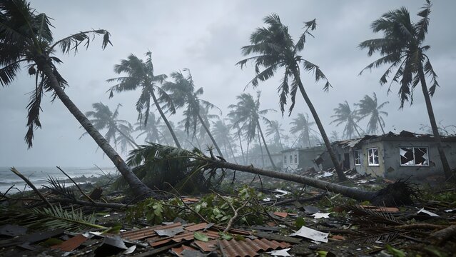 Powerful Tropical Hurricane Destruction with Fallen Palm Trees and Damaged Coastal Buildings