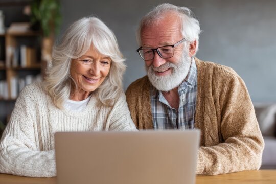 Happy senior couple smiling while looking at a laptop screen together