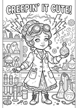 Cute Halloween scientist coloring page with potions, flasks and spooky laboratory tools. Perfect for kids activity books, classroom printables and seasonal fun.