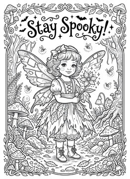 Cartoon Halloween fairy coloring illustration with butterflies, mushrooms and floral accents. Suited for printable activities, family fun and holiday publications.